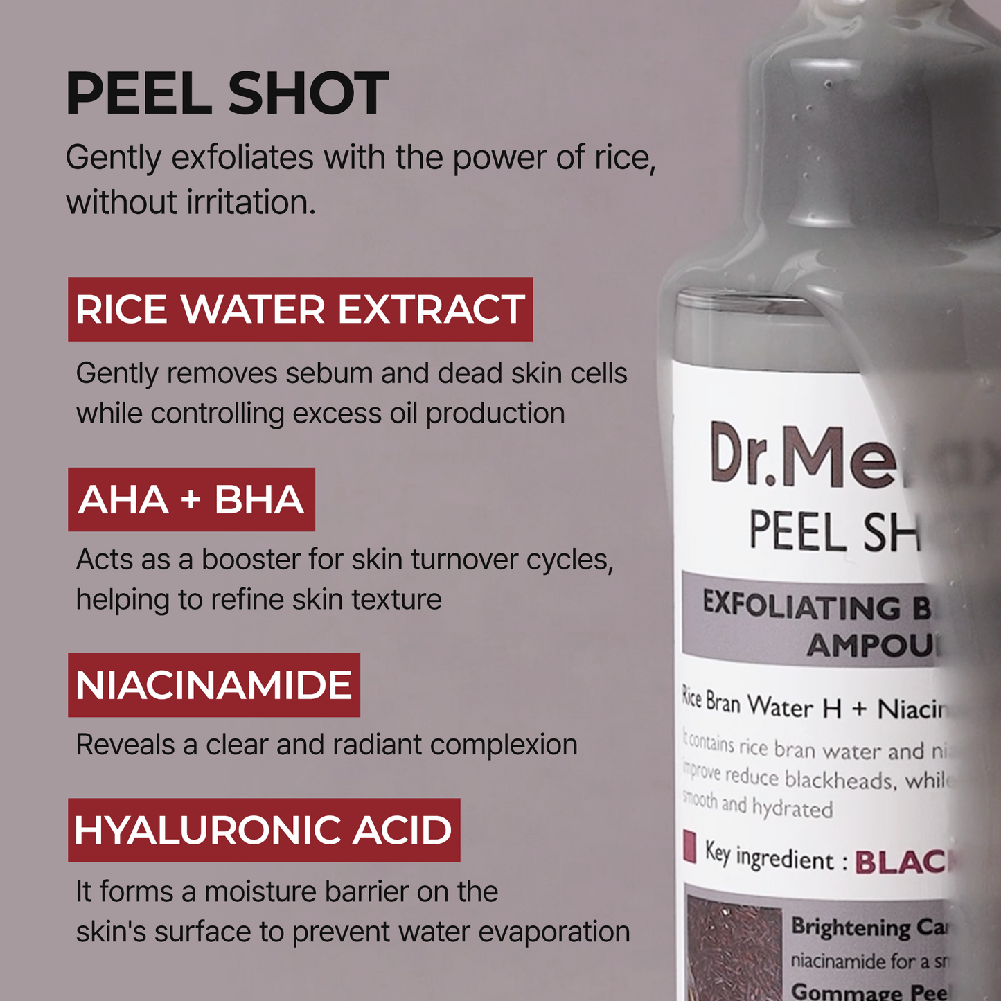 Dr.Melaxin Black Rice Exfoliating Ampoule, Pore & Blackhead Care Serum with AHA BHA